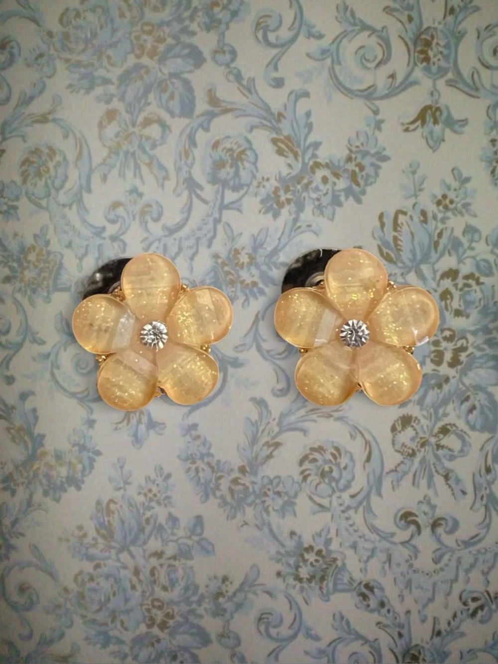 Apricot Flower Stud Earrings with glittery gold floral petals and rhinestone